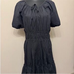 J. Crew Black Puff-Sleeve Midi Dress with Smocked Waist